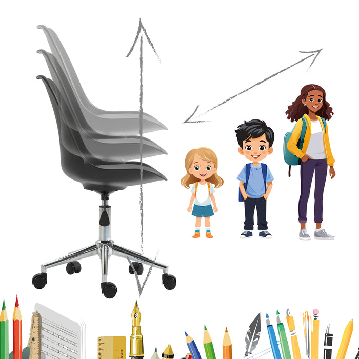 Höhenverstellung eines schwarzen Bürostuhls neben Illustrationen von Kindern in verschiedenen Altersstufen, die Wachstum symbolisieren.