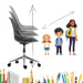 Höhenverstellung eines schwarzen Bürostuhls neben Illustrationen von Kindern in verschiedenen Altersstufen, die Wachstum symbolisieren.