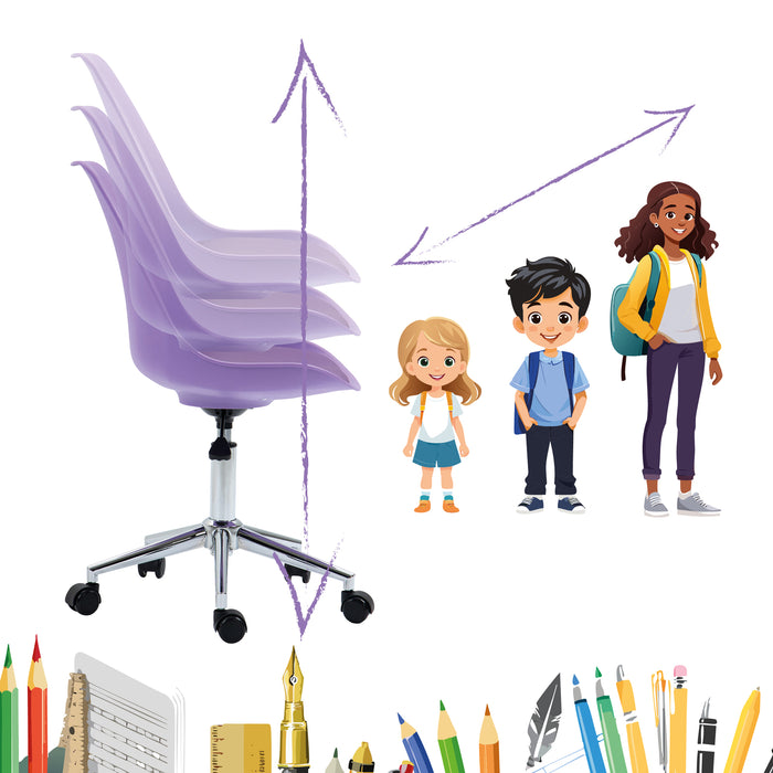 Höhenverstellung eines lila Bürostuhls neben Illustrationen von Kindern in verschiedenen Altersstufen, die Wachstum symbolisieren.