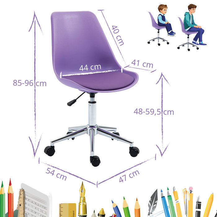 Lila Bürostuhl mit verstellbarer Höhe und Maßen, dargestellt mit zwei sitzenden Kindern zur Größenveranschaulichung, umgeben von bunten Stiften und Schreibutensilien.