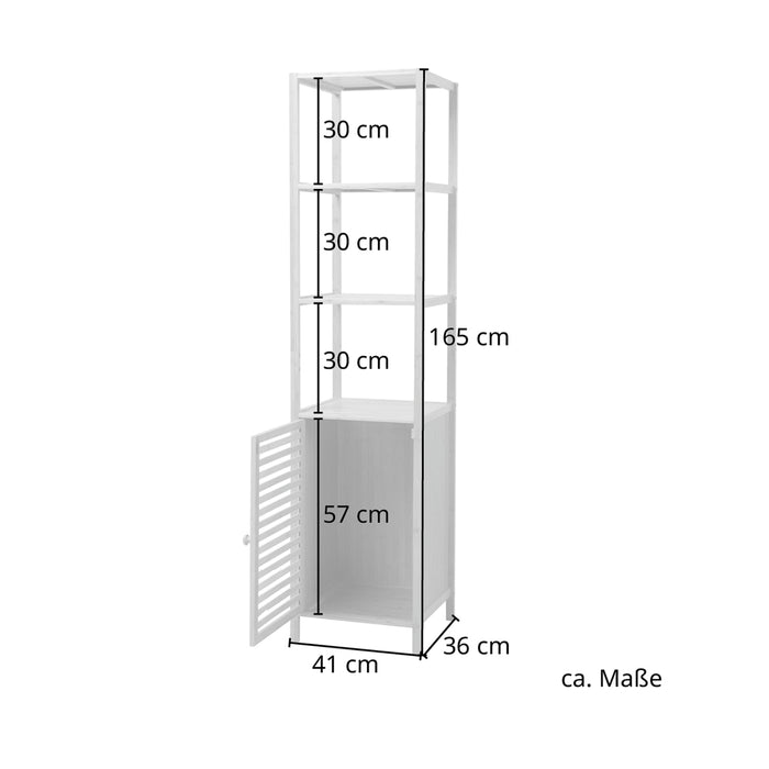 Weißes Regal mit drei offenen Fächern à 30 cm Höhe und einem geschlossenen Fach mit Tür mit 57 cm Höhe; Gesamtgröße 165 cm hoch, 41 cm breit, 36 cm tief
