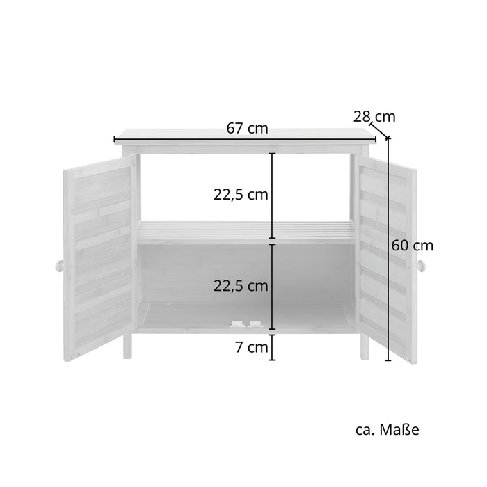 Waschbeckenunterschrank mit zwei offenen Türen, Maße: Breite 67 cm, Höhe 60 cm, Tiefe 28 cm, zwei Innenfächer jeweils 22,5 cm hoch, Bodenabstand 7 cm