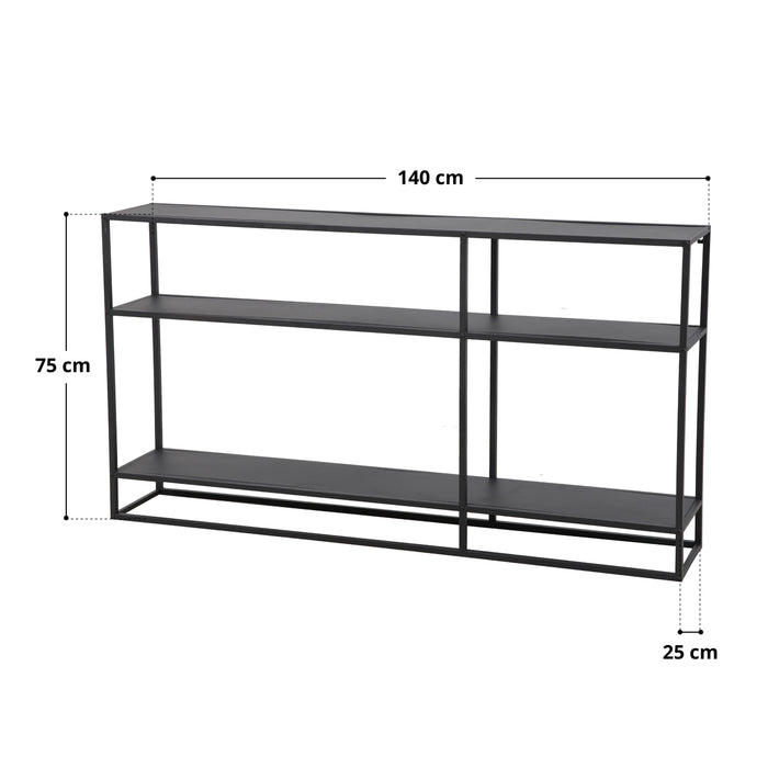 Schwarzes Metallregal mit drei Ablageflächen, 140 cm breit, 75 cm hoch, 25 cm tief