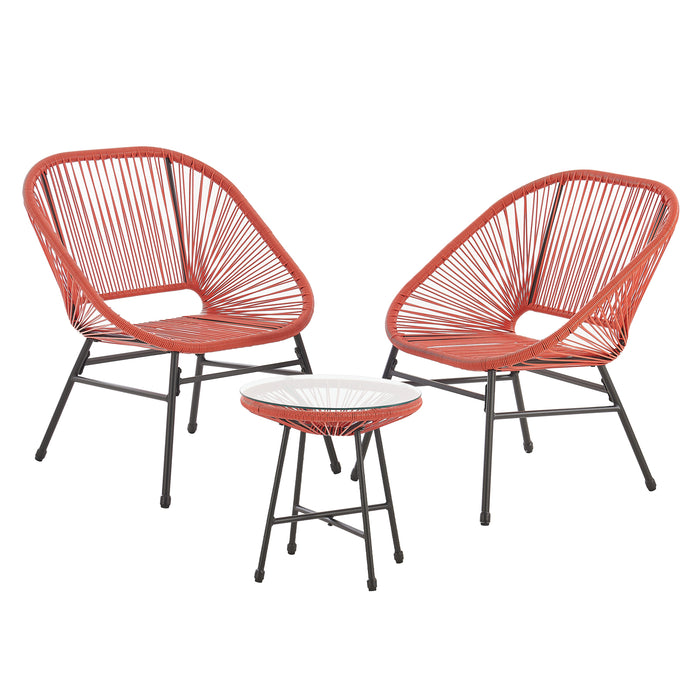 Balkonmöbel Set TULUM 3-tlg. - 2 Sessel und Beistelltisch mit orangefarbenem Rattangeflecht