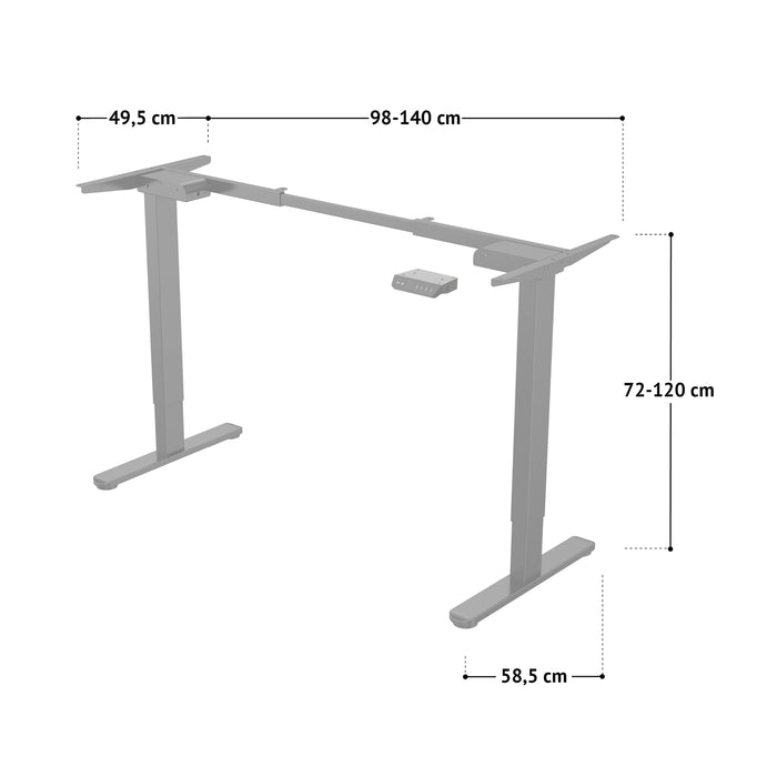 Höhenverstellbarer Schreibtischrahmen mit Maßen: Breite einstellbar 98-140 cm, Tiefe der Streben zur Befestigung der Tischplatte 49,5 cm, Höhe 72-120 cm, Tiefe der Füße 58,5 cm
