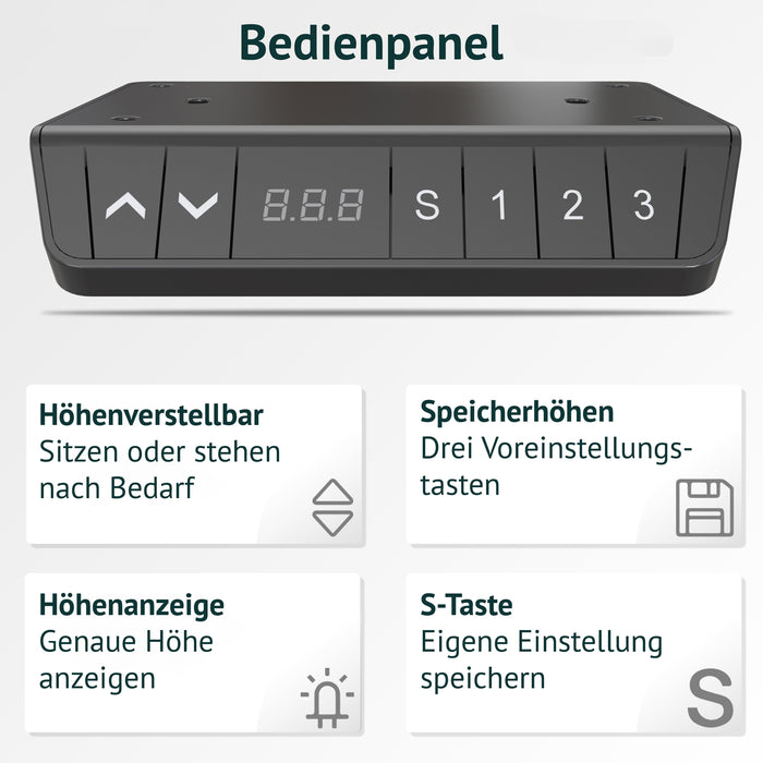 Schwarzes Bedienpanel mit Pfeiltasten, digitaler Höhenanzeige und Tasten für Speicherplätze 1, 2, 3 sowie S-Taste zum Speichern eigener Einstellungen