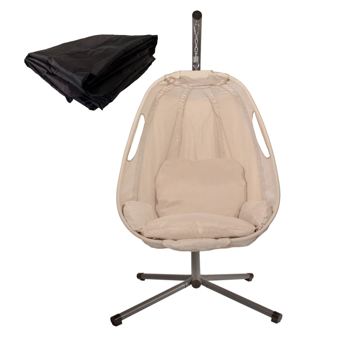 SVITA SNUGGY Hängesessel beige mit Metallgestell und Sitzpolstern daneben die zusammengefaltete Abdeckhaube