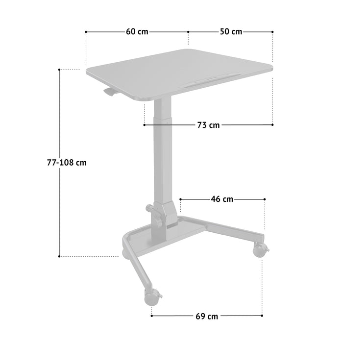 Maße SVITA JEJU mobiler Laptopständer schwarz: Tischplatte Tiefe 50 cm, Breite vorne 73 cm, Breite hinten 60 cm, Höhe 77-108 cm, Standfuß Breite 69 cm, Tiefe 46 cm