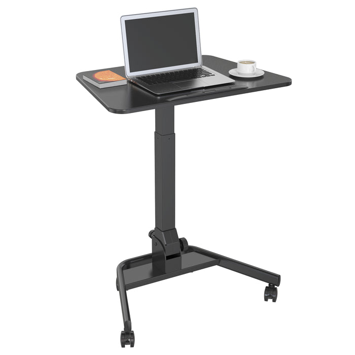 Schwarzer höhenverstellbarer mobiler Laptop-Tisch mit Rollen, Laptop, Mauspad und Kaffeetasse
