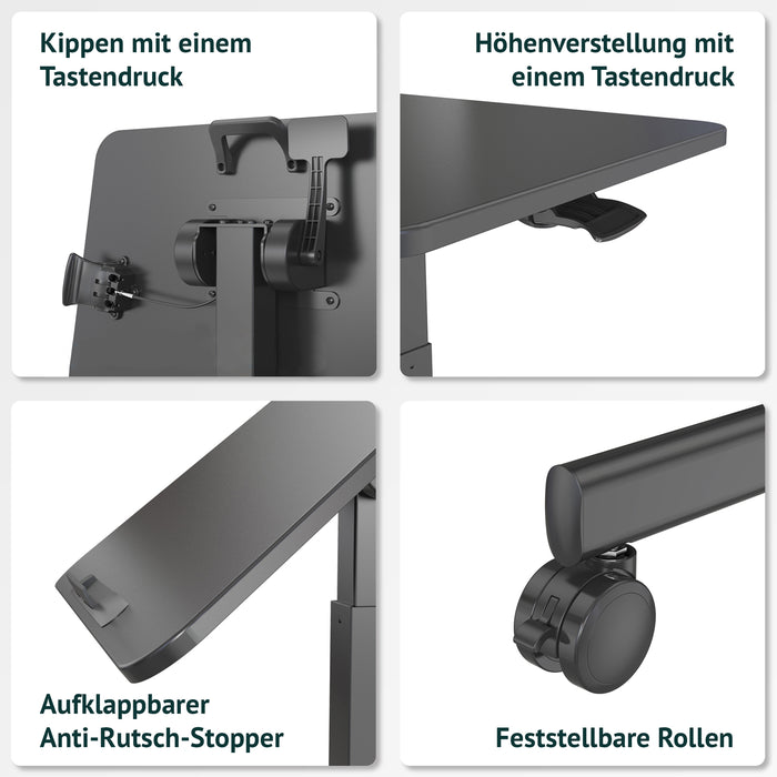 Vier Funktionen des schwarzen Laptopständers: Kippen der Arbeitsfläche mit einem Tastendruck, Höhenverstellung mit einem Tastendruck, aufklappbarer Anti-Rutsch-Stopper, feststellbare Rollen