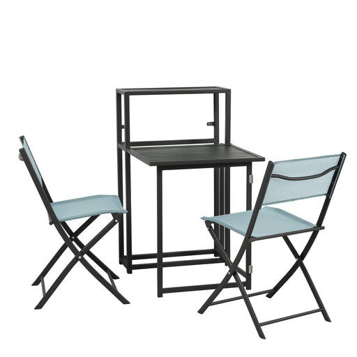 Klappbares Balkonset mit Tisch und zwei Stühlen mit blauem Mesh-Polster