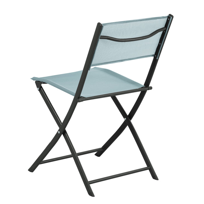 Grau/blauer Klappstuhl von hinten