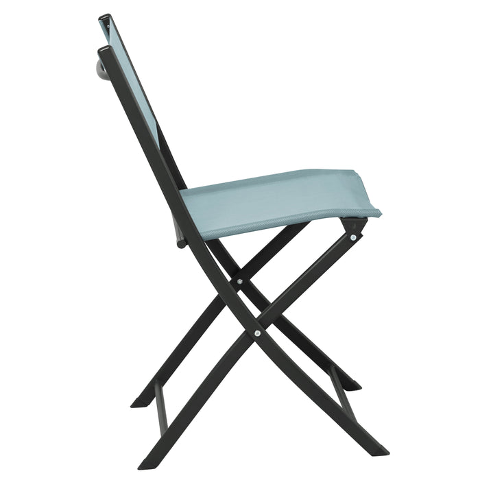 Grau/blauer Klappstuhl von der Seite
