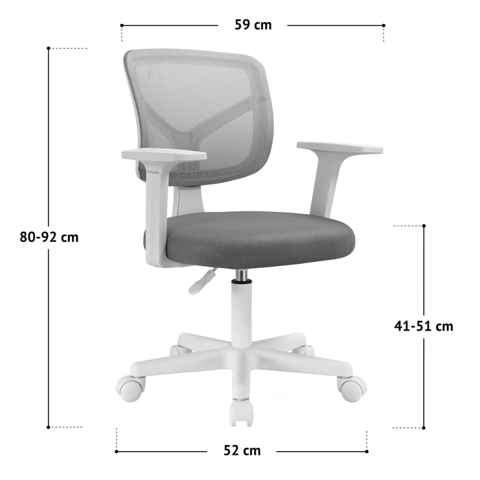 Maße SVITA JOY Kinderschreibtischstuhl: verstellbarer Höhe von 80 bis 92 cm, Sitzhöhe von 41 bis 51 cm, Breite 59 cm, Breite Basis 52 cm