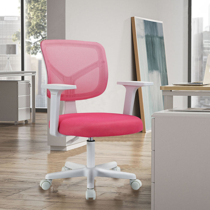 Ergonomischer Schreibtischstuhl für Kinder mit pinker Polsterung weißem Gestell und Armlehnen in modernem Büro mit Holzboden