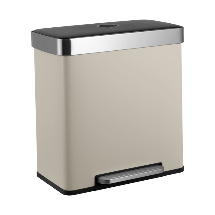 Eckiger Stahl-Mülleimer mit Fußpedal und Deckel, taupe mit silbernem Rand