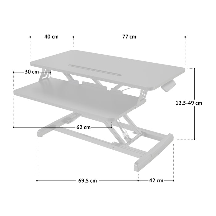 Maße eines höhenverstellbaren Schreibtischaufsatzes mit zwei Ebenen, Ablage oben 77 x 40 cm Tastaturablage 62 x 30 cm, Standfuß 69,5 x 42 cm, Höhe variabel von 12,5 bis 49 cm