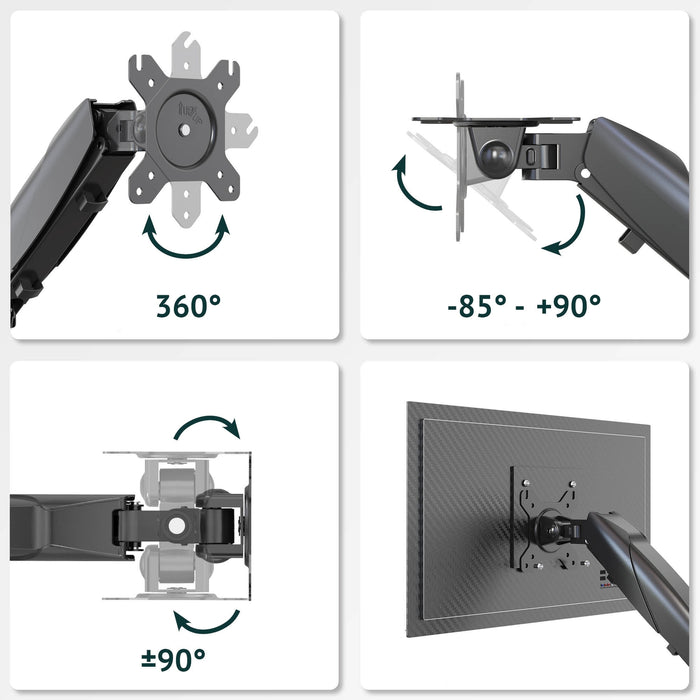 Vier Bilder zeigen die Bewegungsfreiheit des Monitorarms: 360° Drehung, Neigung von -85° bis +90°, seitliche Schwenkung von ±90° und Montage an der Rückseite eines Monitors.