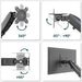 Vier Bilder zeigen die Bewegungsfreiheit des Monitorarms: 360° Drehung, Neigung von -85° bis +90°, seitliche Schwenkung von ±90° und Montage an der Rückseite eines Monitors.