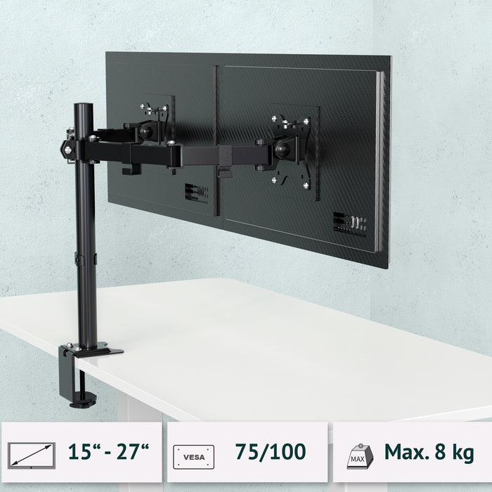 Schwarze Monitorhalterung mit zwei Armen, Spezifikationen: Monitorgröße 15-27 Zoll, VESA MIS-D Standard 75/100 mm, Bis 8 kg belastbar