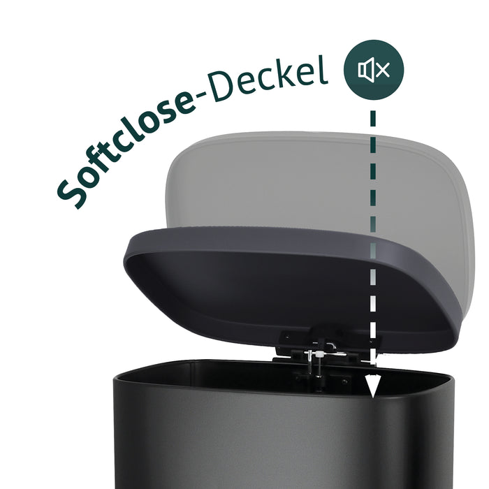 Schwarzer Mülleimer SVITA TQ30 mit mit geöffnetem Deckel, Illustration Softclose-Deckel