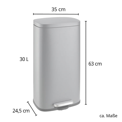 Schwarzer Mülleimer SVITA TQ30 mit 30 Litern Fassungsvermögen, 63 cm hoch, 35 cm breit, 24,5 cm tief, mit Fußpedal