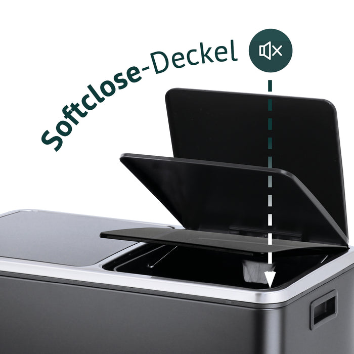 Schwarzer Mülleimer mit schwarzen Deckeln, Illustration zum Softclose-Deckel
