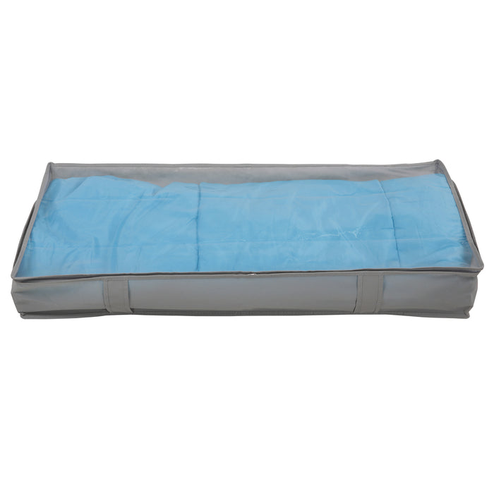 graue Aufbewahrungstasche mit transparentem Deckel, gefüllt mit blauem Stoff oder Kleidung horizontal angeordnet