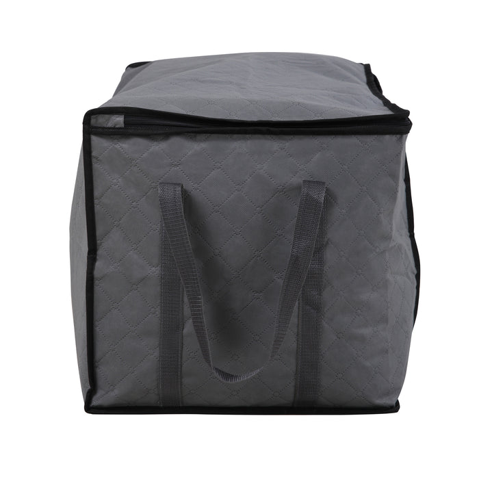 Graue, quadratische Stofftasche mit Reißverschluss und zwei Tragegriffen