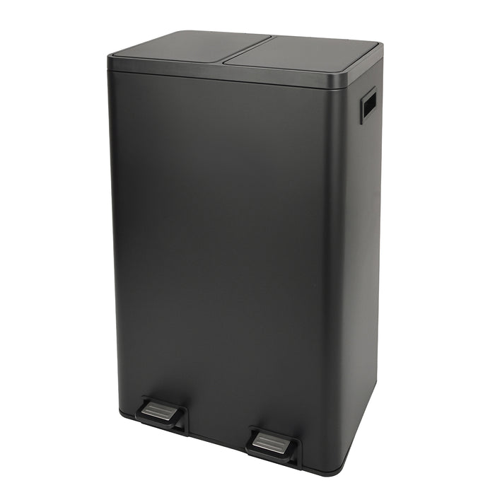 Schwarzer, rechteckiger Mülleimer mit zwei getrennten Fächern und je einem Fußpedal, seitliche Griffe sichtbar.