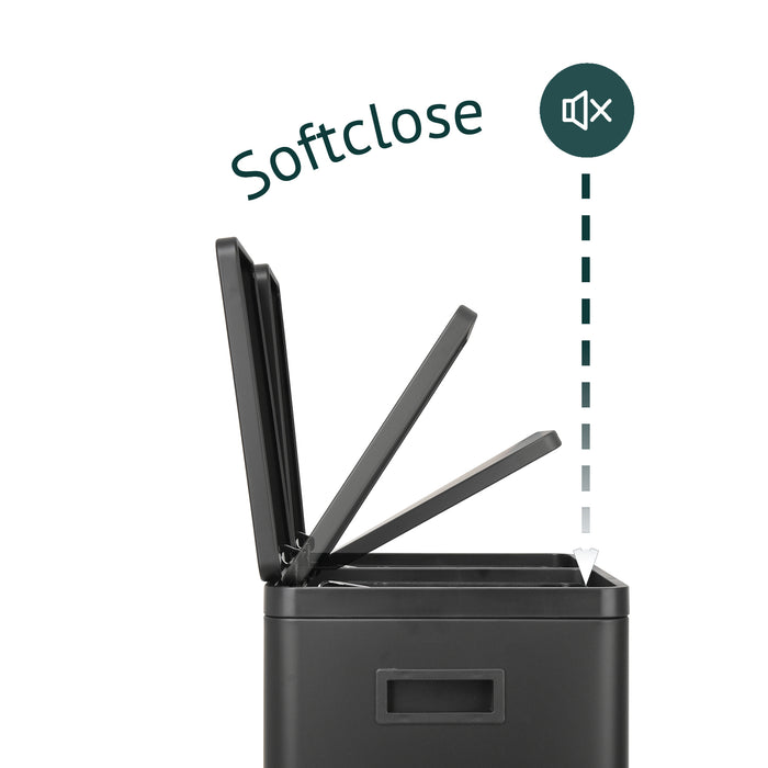 Schwarzer rechteckiger Mülleimer mit offenem Deckel in drei Positionen, Schriftzug 'Softclose' und Lautlos-Symbol.