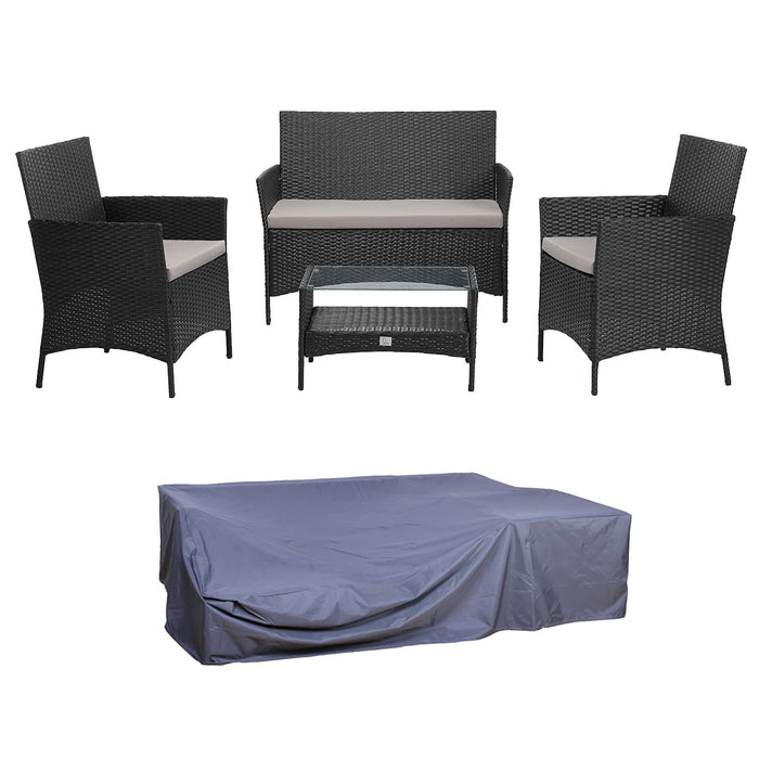 Schwarze Gartensitzgruppe aus Polyrattan mit 2-Sitzer Bank, zwei Sesseln und Beistelltisch mit passender Abdeckhaube