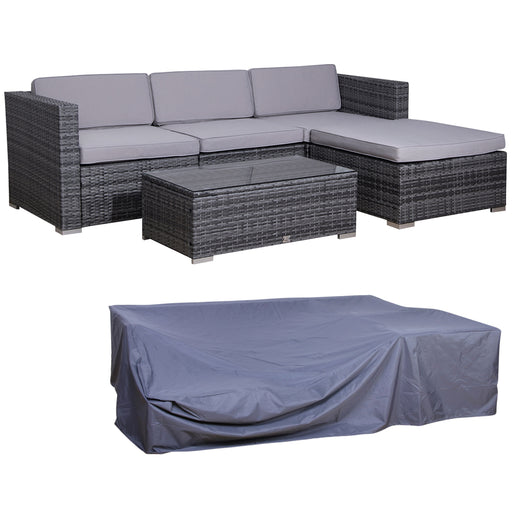 Graue Polyrattan Garten-Lounge mit grauen Polstern darunter die passende graue Abdeckhaube