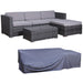 Graue Polyrattan Garten-Lounge mit grauen Polstern darunter die passende graue Abdeckhaube