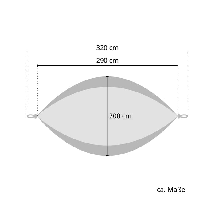 Maße der Hängematte: Gesamtlänge 320 cm, Liegefläche Länge: 290 cm, Breite 200 cm