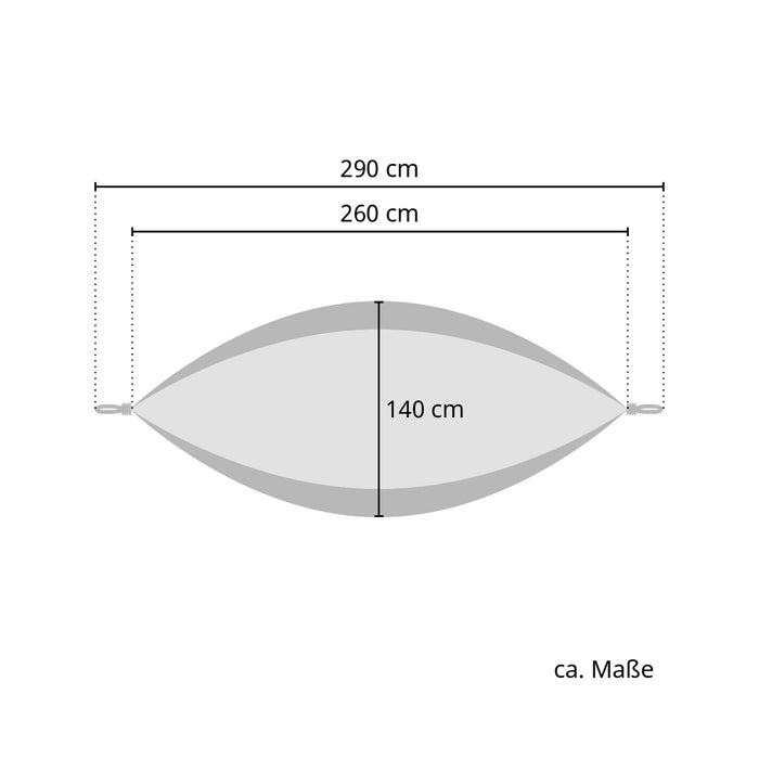 Skizze der Hängematte mit den Maßen 290 cm Länge, 260 cm Innenlänge und 140 cm Breite