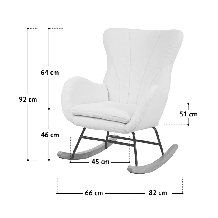 Weißer Knut Schaukelsessel mit gepolstertem Sitz und Rückenlehne, Maße: 92 cm hoch, 82 cm breit, 66 cm tief, Sitzhöhe 46 cm, Sitzbreite 45 cm.