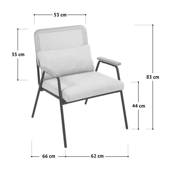 Loungesessel mit gepolstertem Sitz und Rückenlehne, Armlehnen, Maße: 83 cm hoch, 66 cm tief, 62 cm breit, Sitzhöhe 44 cm, Rückenlehnenhöhe 35 cm, Rückenlehne 53 cm breit