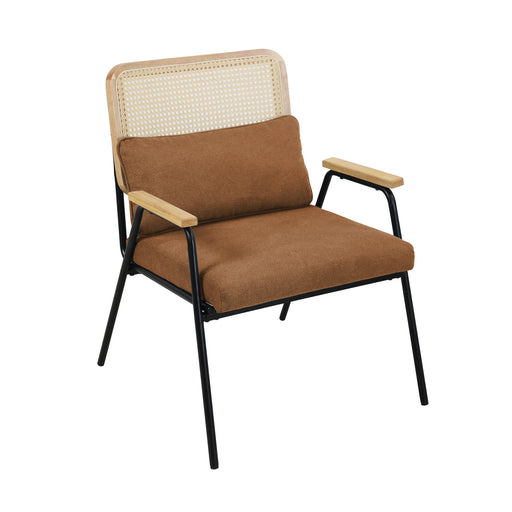 Brauner Loungestuhl mit Polyleinenbezug, Rattan-Rückenlehne und schwarzem Metallgestell mit Armlehnen aus Holz