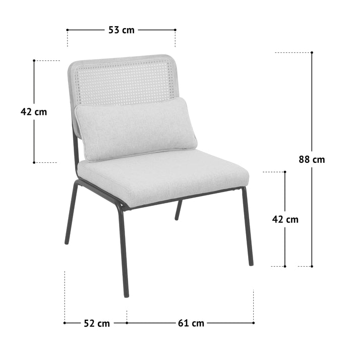 Maßbild SVITA SVEA Loungesessel mit Rattanlehne, Sitzkissen und  Metallgestell, Maße: 88 cm hoch, 61 cm tief, 53 cm breit