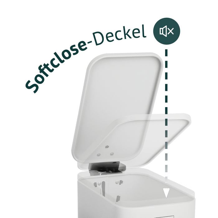 Weißer rechteckiger Mülleimer mit geöffnetem Deckel, Illustration Softclose-Deckel