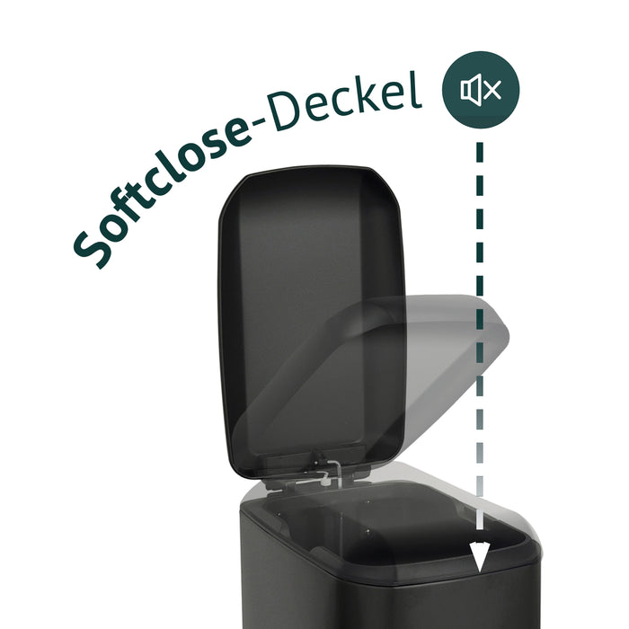 Infografik zum Softclosedeckel eines schwarzen Mülleimers
