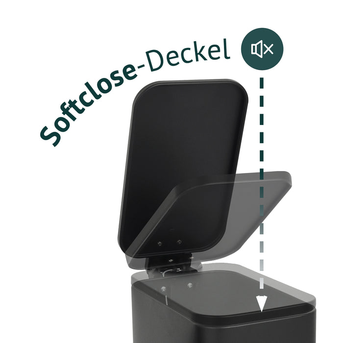 Schwarzer rechteckiger Mülleimer mit geöffnetem Deckel, Illustration Softclose-Deckel
