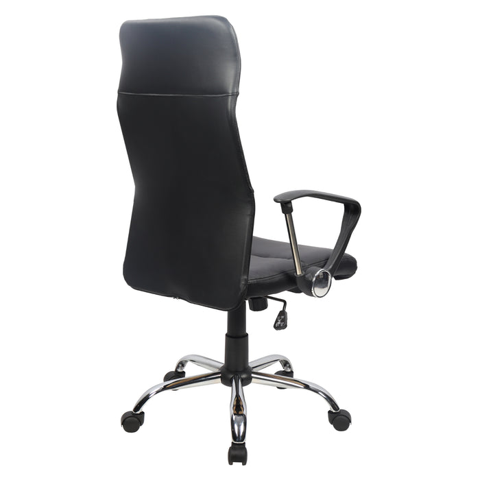 Rückansicht Schwarzer ergonomischer Bürostuhl mit hoher Rückenlehne, Armlehnen und verchromtem Fußkreuz auf Rollen