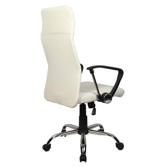 Rückansicht Weißer ergonomischer Bürostuhl mit hoher Rückenlehne, Armlehnen und verchromtem Fußkreuz auf Rollen