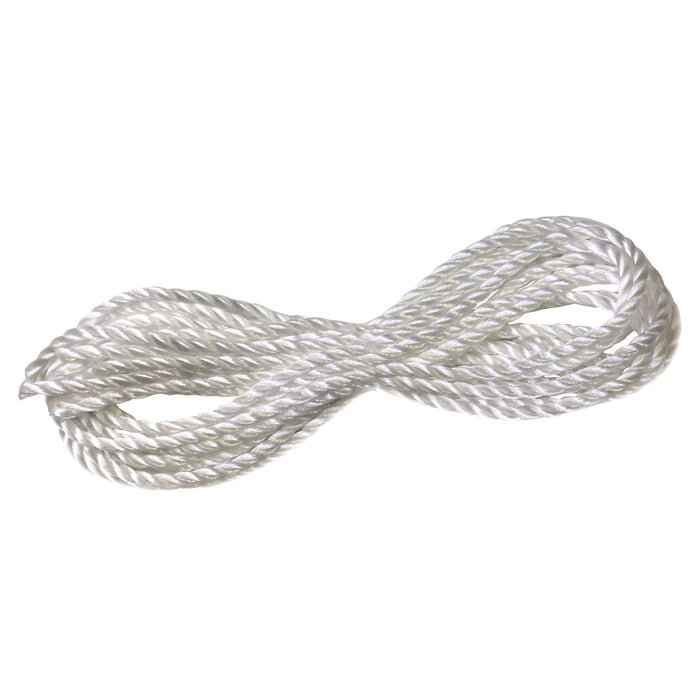 Weißes, gedrehtes Seil aus synthetischem Material in einer lockeren Schlaufe für Sonnensegel 3x3x4,2m