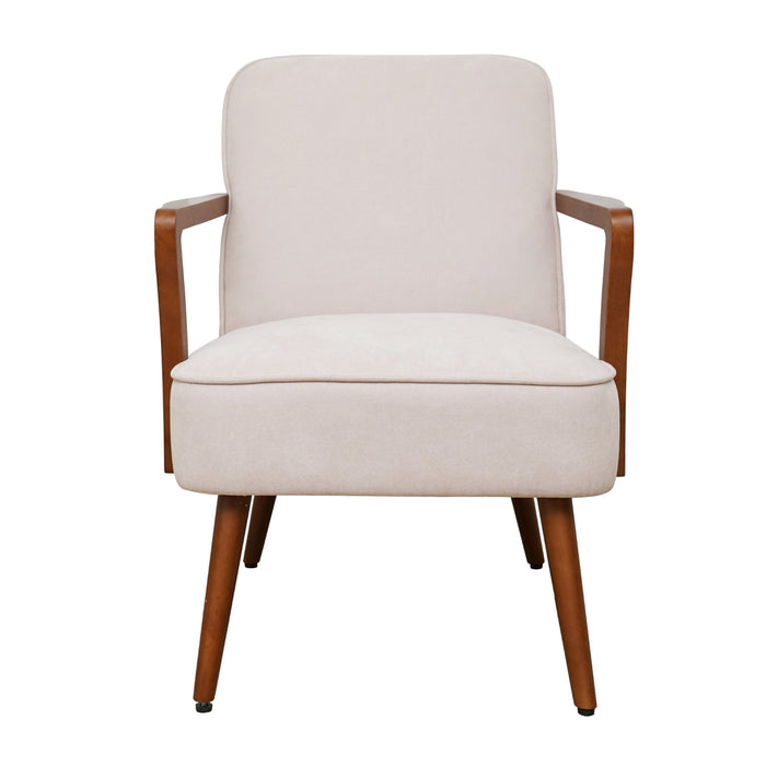 Frontalansicht Beiger Sessel mit Polsterung und Holzarmlehnen, vier Holzbeine, schlichtes Design