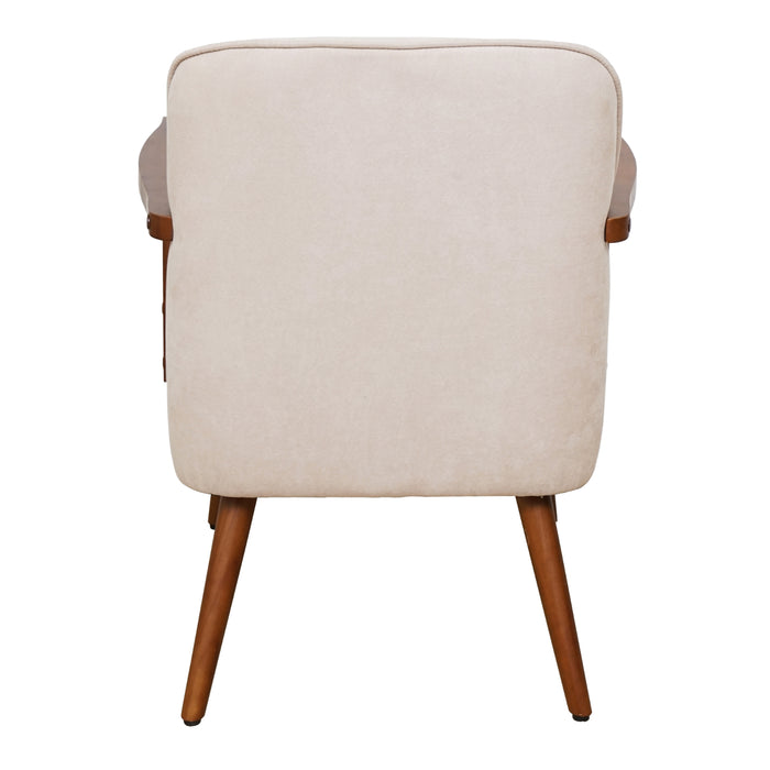 Rückansicht Beiger Sessel mit Polsterung und Holzarmlehnen, vier Holzbeine, schlichtes Design