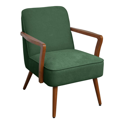 Dunkelgrüner Sessel mit Polsterung und Holzarmlehnen, vier Holzbeine, schlichtes Design