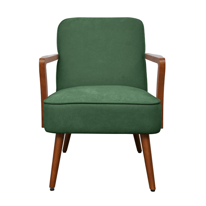 Frontalansicht Dunkelgrüner Sessel mit Polsterung und Holzarmlehnen, vier Holzbeine, schlichtes Design